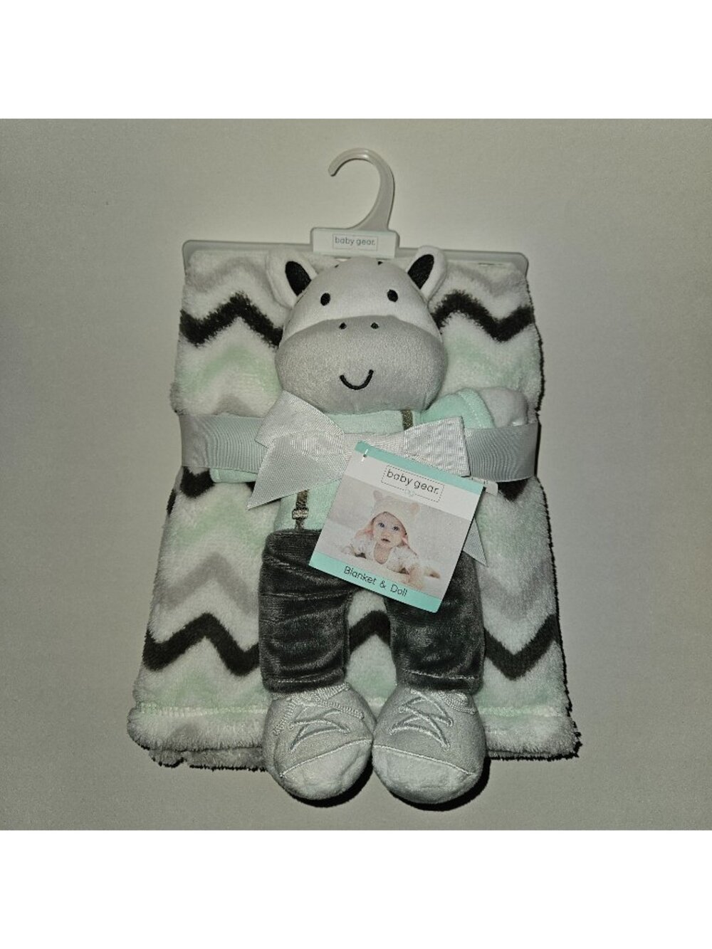 NEW Baby Gear Zebra Lovey Fleece Baby Blanket Gift Set Gray Green White Chevron